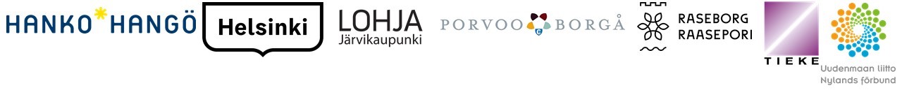 DigiTähti-hankkeen kumppaneiden logot Hanko, Helsinki, Lohja, Porvoo, Raasepori sekä rahoittajan Uudenmaan liiton logo