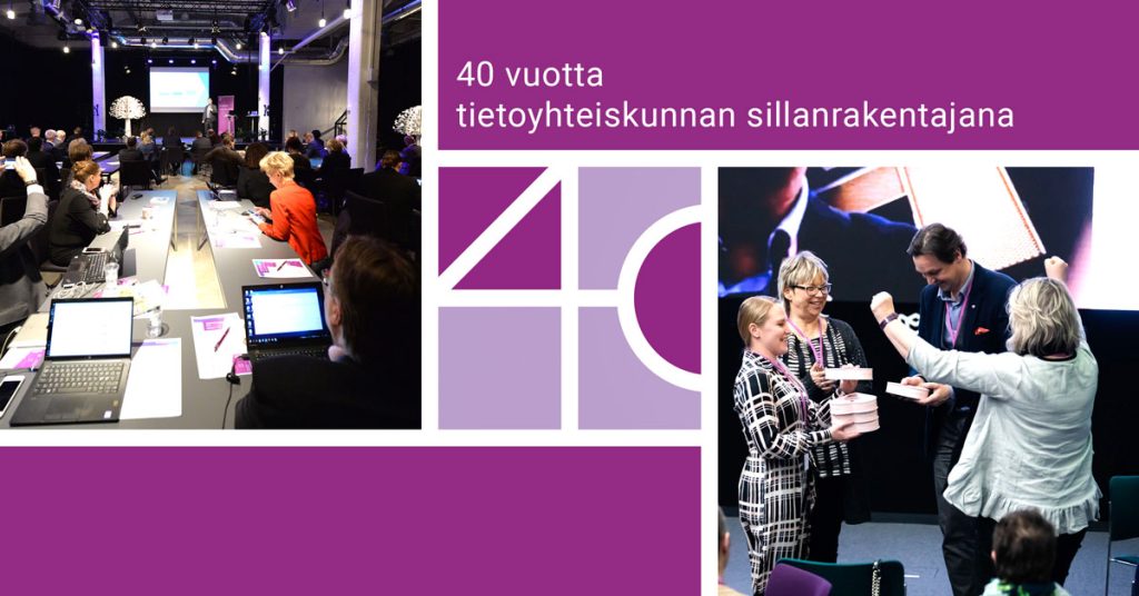 TIEKE 40 - juhlavuoden banneri, jossa keskellä juhlavuoden emblemi ja kaksi tapahtumakuvaa seminaareista