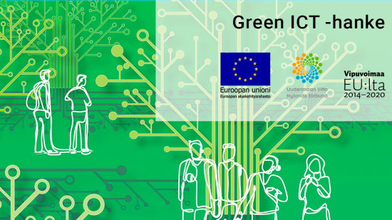 Green ICT -hankkeen banneri, jossa rahoittajalogot.