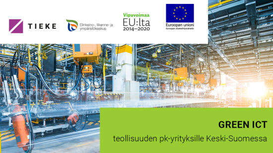 Green ICT teollisuuden pk-yrityksille Keski-Suomessa -tunnus ja rahoittajien logot, lueteltu myös sivun alaosassa.