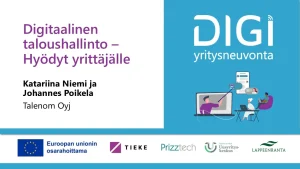 Kansikuva digiyritysnevonnan webinaarista Digitaalinen taloushallinto - hyödyt yrittäjälle. Katriina Niemi ja Johannes Poikela Talenom Oyj